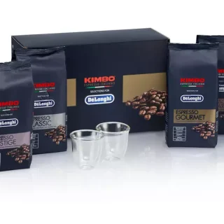 DeLonghi Kit de degustación de café Kimbo 4 x 250 g, y dos vasos de café Espresso DLSC316