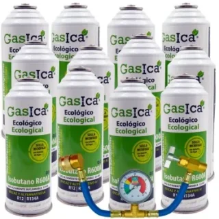 Pack 12 botellas gas refrigerante GASICA D2 - R12 R134a + manómetro