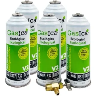 Pack 5 botellas gas refrigerante GASICA V2 - R22-R32-R407-R290-R410A + llave de servicio
