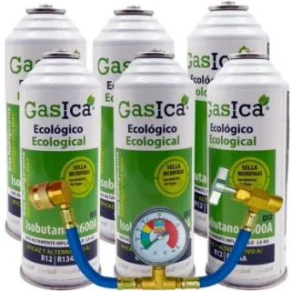 Pack 6 botellas gas refrigerante GASICA D2 - R12 R134a + manómetro