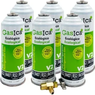 Pack 6 botellas gas refrigerante GASICA V2 - R22-R32-R407-R290-R410A + llave de servicio