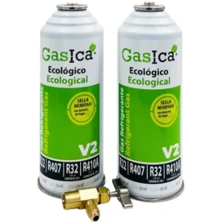 Pack gas refrigerante ecológico GASICA V2 - R22-R32-R407-R290-R410A + llave de servicio