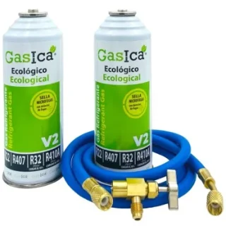 Pack gas refrigerante GASICA V2 - R22-R32-R407-R290-R410A + manguera carga 1/4"x1/4" + válvula
