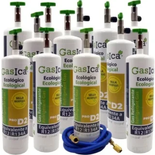 Pack 12 botellas gas refrigerante GASICA PRO D2 - R12 R134a + manguera carga 1/4"x1/4"