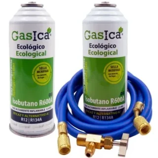 Pack gas refrigerante GASICA D2 - R12 R134a + manguera carga 1/4"x1/4" + válvula