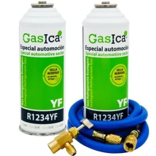 Pack gas refrigerante ecológico GASICA YF - R1234yf + manguera carga 5/16"x1/4" + válvula