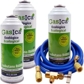 Pack 3 botellas gas refrigerante GASICA D2 - R12 R134a + manguera carga 1/4"x1/4" + válvula