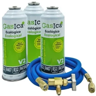 Pack 3 botellas gas refrigerante GASICA V2 - R22 R32 R407 R290 R410A + manguera carga 5/16"x1/4" + válvula
