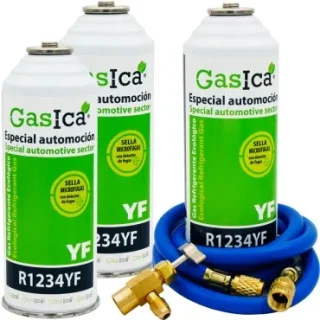 Pack 3 botellas gas refrigerante GASICA YF - R1234yf + manguera carga 1/4"x1/4" + válvula