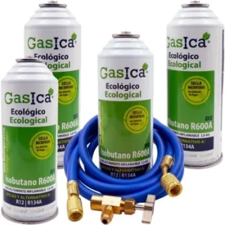 Pack 4 botellas gas refrigerante GASICA D2 - R12 R134a + manguera carga 1/4"x1/4" + válvula