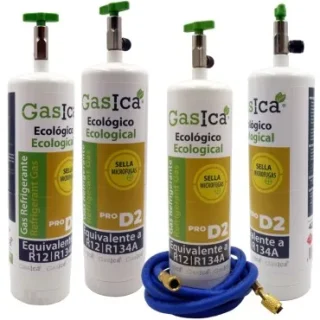 Pack 4 botellas gas refrigerante GASICA PRO D2 - R12 R134a + manguera carga 1/4"x1/4"