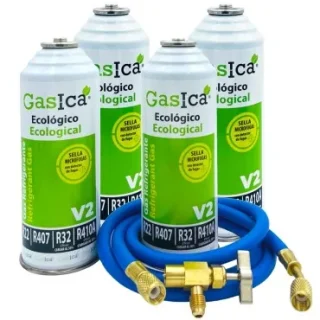 Pack 4 botellas gas refrigerante GASICA V2 - R22-R32-R407-R290-R410A + manguera carga 1/4"x1/4" + válvula