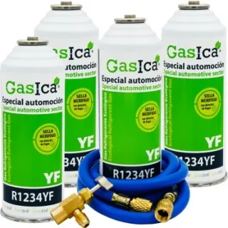 Pack 4 botellas gas refrigerante GASICA YF - R1234yf + manguera carga 5/16"x1/4" + válvula