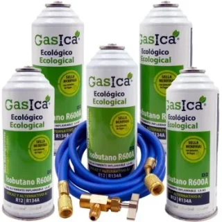 Pack 5 botellas gas refrigerante GASICA D2 - R12 R134a + manguera carga 1/4"x1/4" + válvula