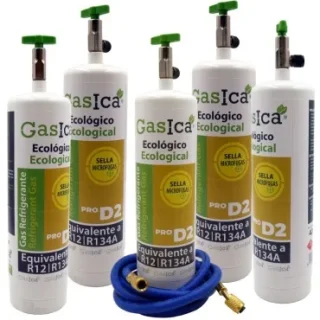 Pack 5 botellas gas refrigerante GASICA PRO D2 - R12 R134a + manguera carga 1/4"x1/4"