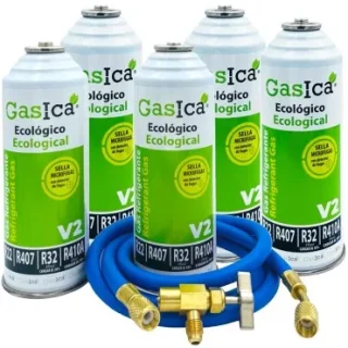Pack 5 botellas gas refrigerante GASICA V2 - R22 R32 R407 R290 R410A + manguera carga 5/16"x1/4" + válvula