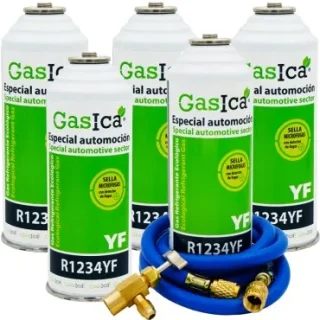 Pack 5 botellas gas refrigerante GASICA YF - R1234yf + manguera carga 5/16"x1/4" + válvula