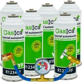 Pack 6 botellas gas refrigerante GASICA YF - R1234yf + manómetro