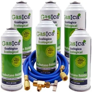 Pack 6 botellas gas refrigerante GASICA D2 - R12 R134a + manguera carga 1/4"x1/4" + válvula