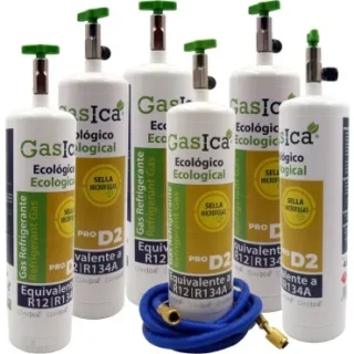 Pack 6 botellas gas refrigerante GASICA PRO D2 - R12 R134a + manguera carga 1/4"x1/4"