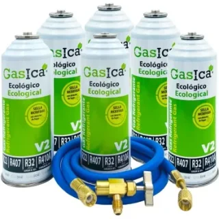 Pack 6 botellas gas refrigerante GASICA V2 - R22-R32-R407-R290-R410A + manguera carga 1/4"x1/4" + válvula