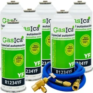 Pack 6 botellas gas refrigerante GASICA YF - R1234yf + manguera carga 5/16"x1/4" + válvula